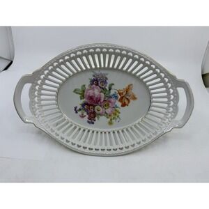 Vintage German Reticulated Oval Porcelain Fruit Bowl with Heart Cut Outs Read*